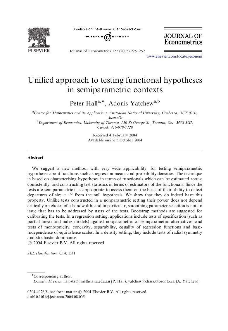 Unified approach to testing functional hypotheses in semiparametric contexts