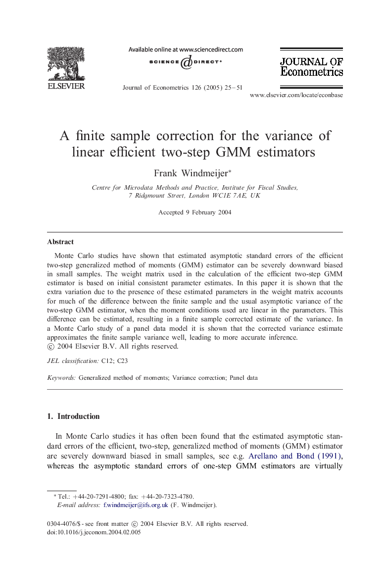 A finite sample correction for the variance of linear efficient two-step GMM estimators
