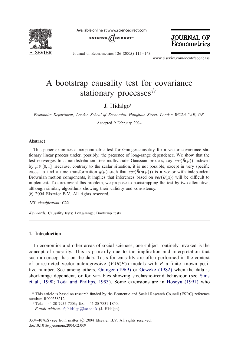 A bootstrap causality test for covariance stationary processes