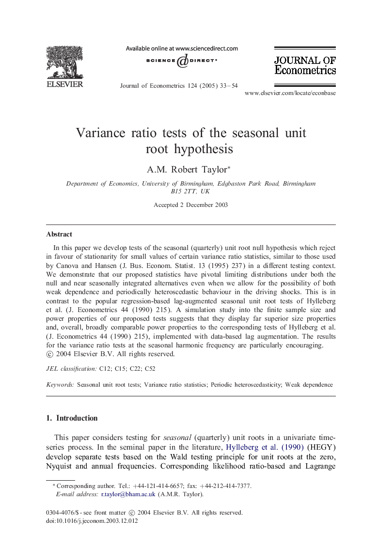 Variance ratio tests of the seasonal unit root hypothesis