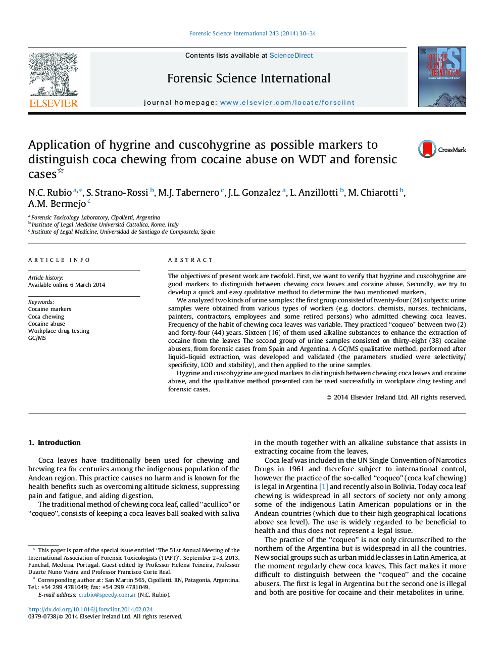 Application of hygrine and cuscohygrine as possible markers to distinguish coca chewing from cocaine abuse on WDT and forensic cases 