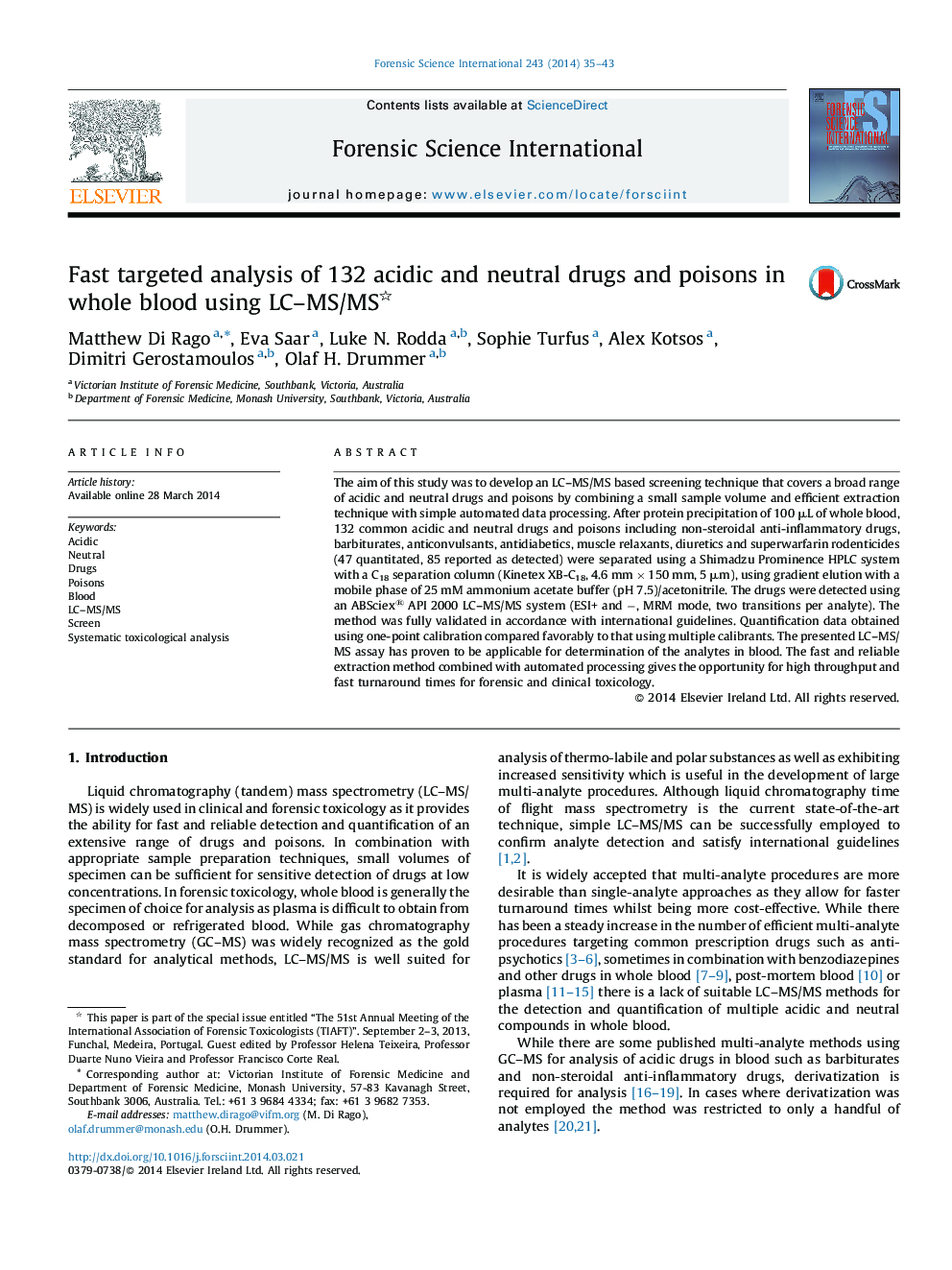 Fast targeted analysis of 132 acidic and neutral drugs and poisons in whole blood using LC–MS/MS 