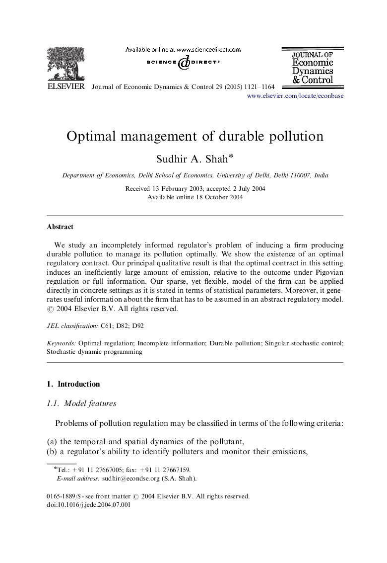 Optimal management of durable pollution