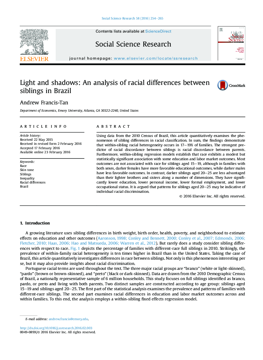 Light and shadows: An analysis of racial differences between siblings in Brazil