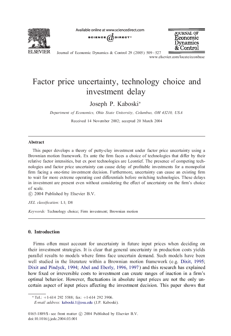 Factor price uncertainty, technology choice and investment delay