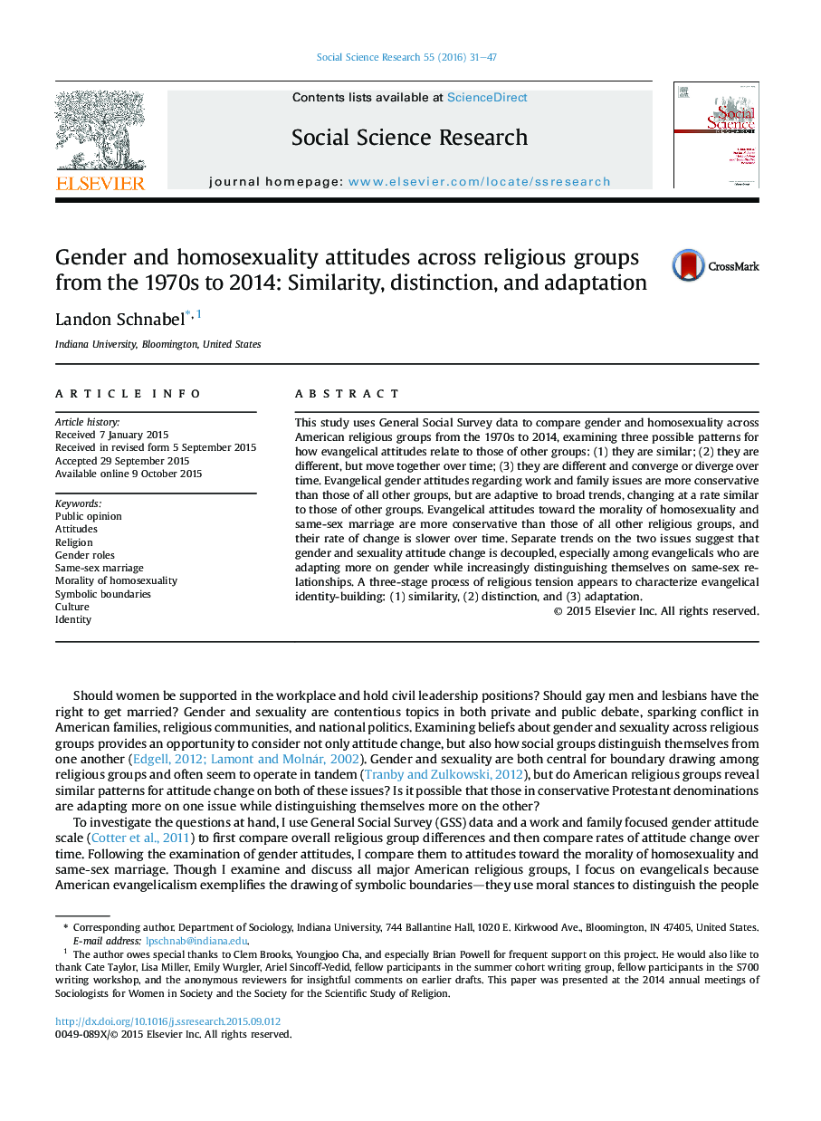 Gender and homosexuality attitudes across religious groups from the 1970s to 2014: Similarity, distinction, and adaptation