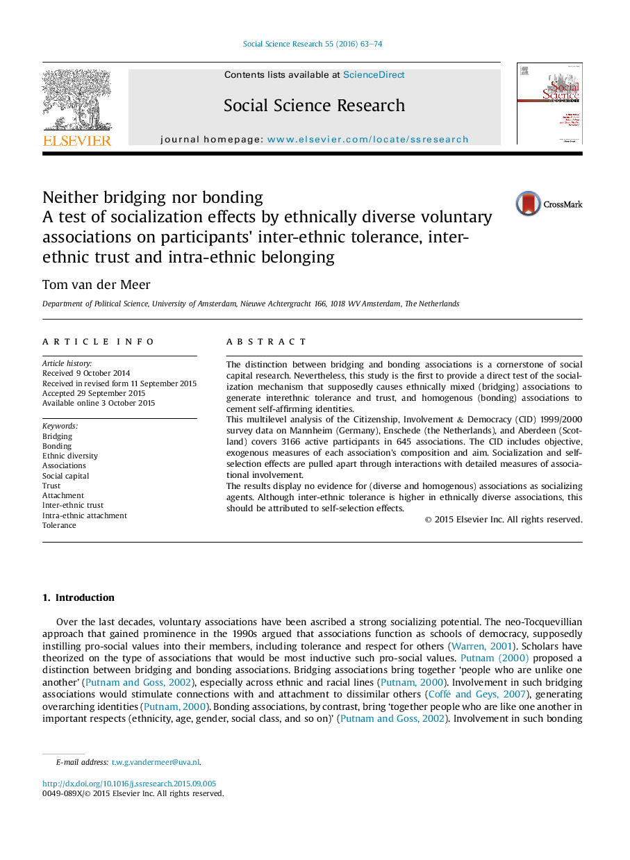 Neither bridging nor bonding: A test of socialization effects by ethnically diverse voluntary associations on participants' inter-ethnic tolerance, inter-ethnic trust and intra-ethnic belonging