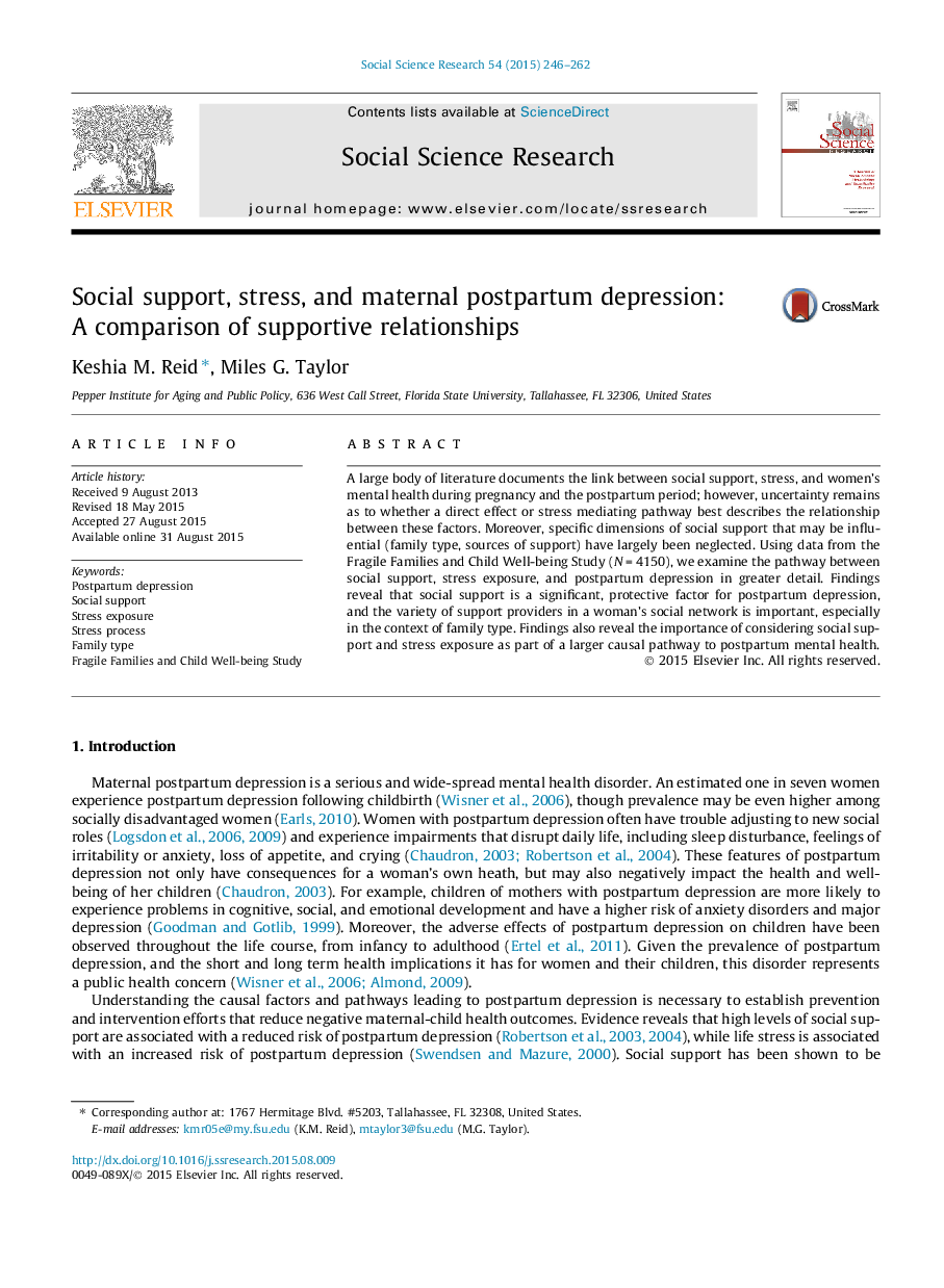 Social support, stress, and maternal postpartum depression: A comparison of supportive relationships