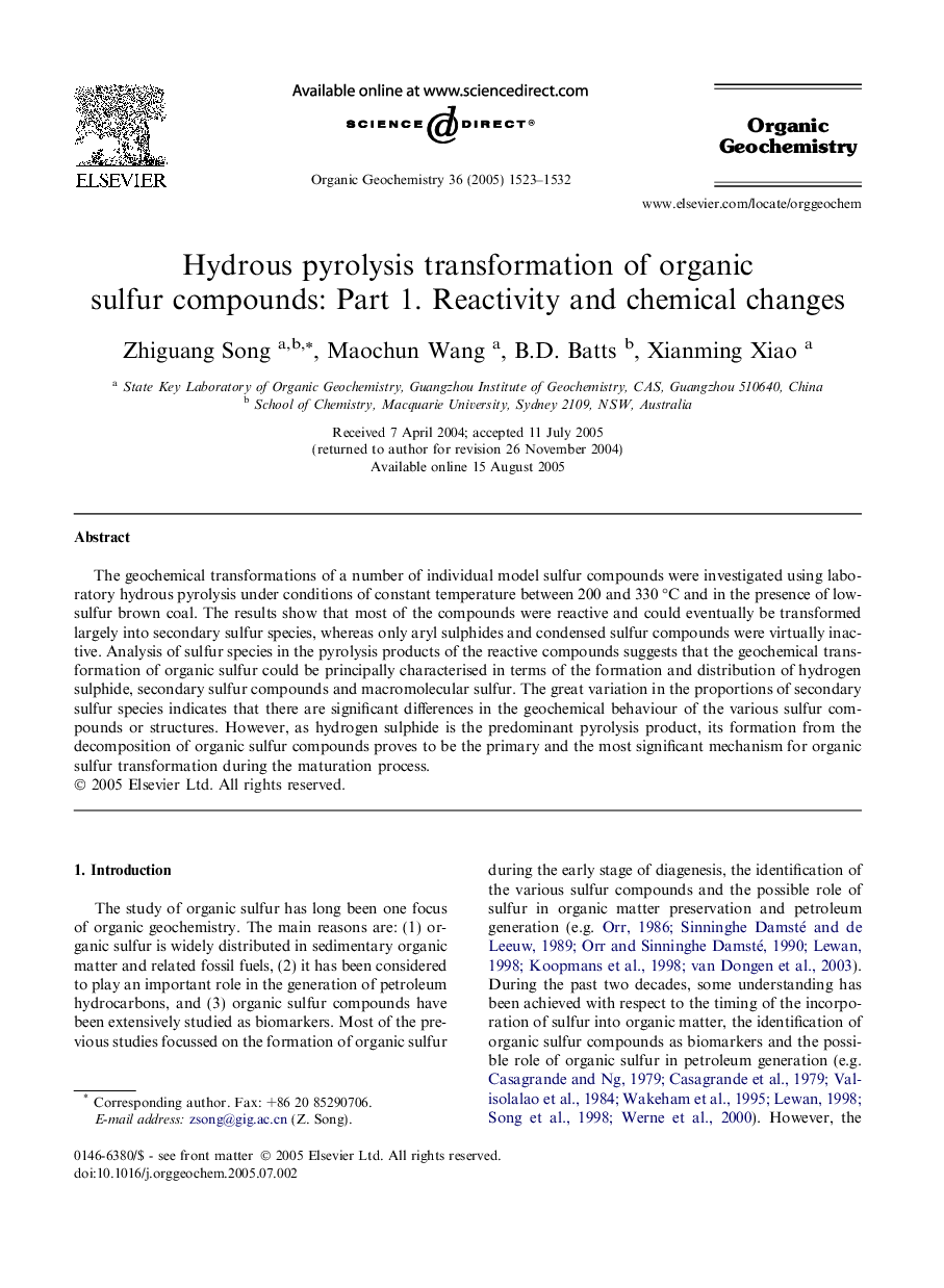 Hydrous pyrolysis transformation of organic sulfur compounds: Part 1. Reactivity and chemical changes