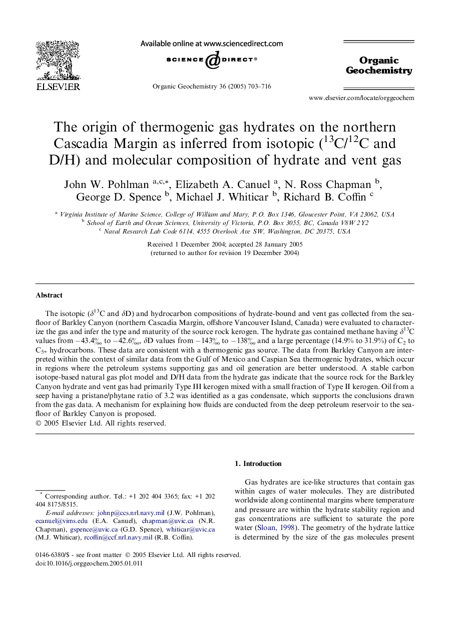 The origin of thermogenic gas hydrates on the northern Cascadia Margin as inferred from isotopic (13C/12C and D/H) and molecular composition of hydrate and vent gas