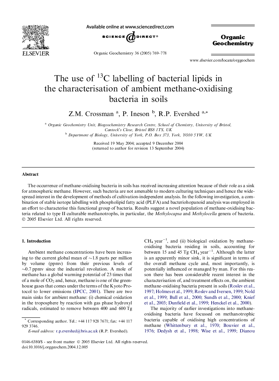 The use of 13C labelling of bacterial lipids in the characterisation of ambient methane-oxidising bacteria in soils