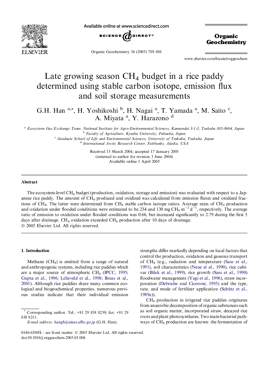 Late growing season CH4 budget in a rice paddy determined using stable carbon isotope, emission flux and soil storage measurements