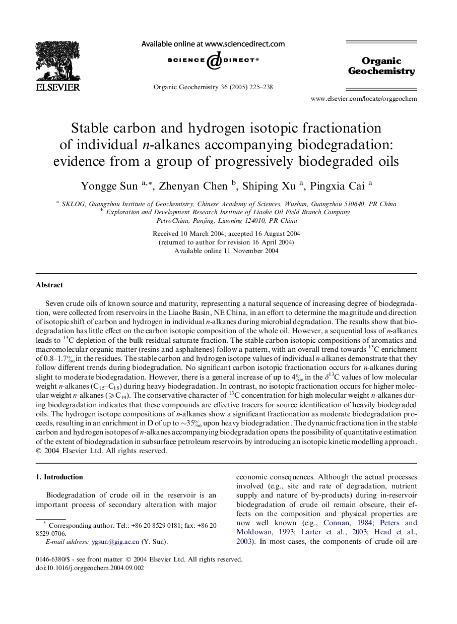 Stable carbon and hydrogen isotopic fractionation of individual n-alkanes accompanying biodegradation: evidence from a group of progressively biodegraded oils