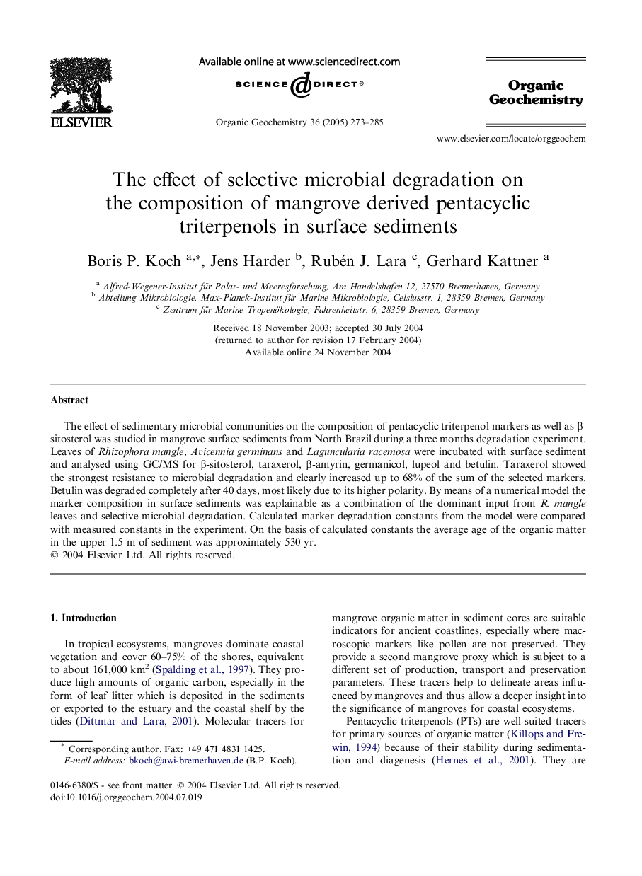 The effect of selective microbial degradation on the composition of mangrove derived pentacyclic triterpenols in surface sediments