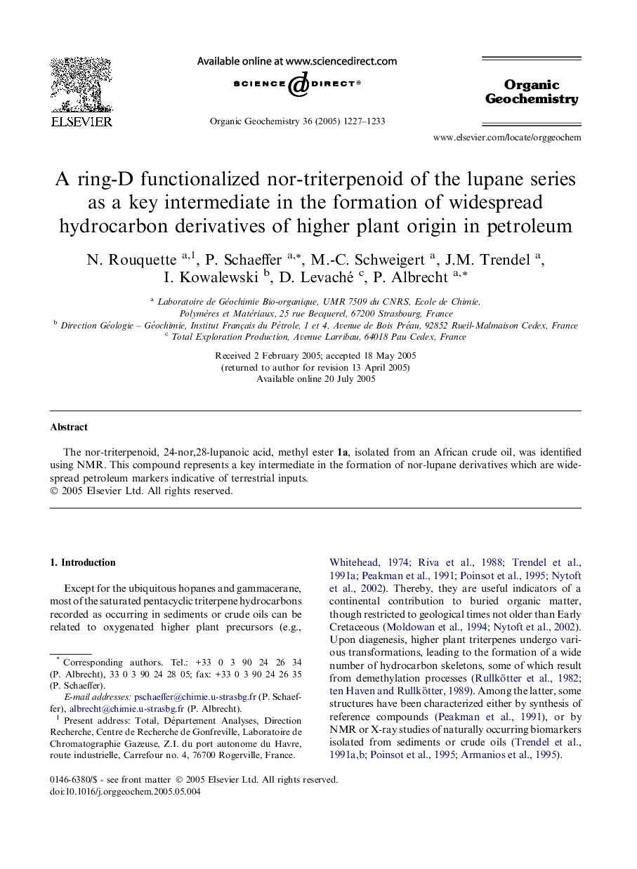 A ring-D functionalized nor-triterpenoid of the lupane series as a key intermediate in the formation of widespread hydrocarbon derivatives of higher plant origin in petroleum