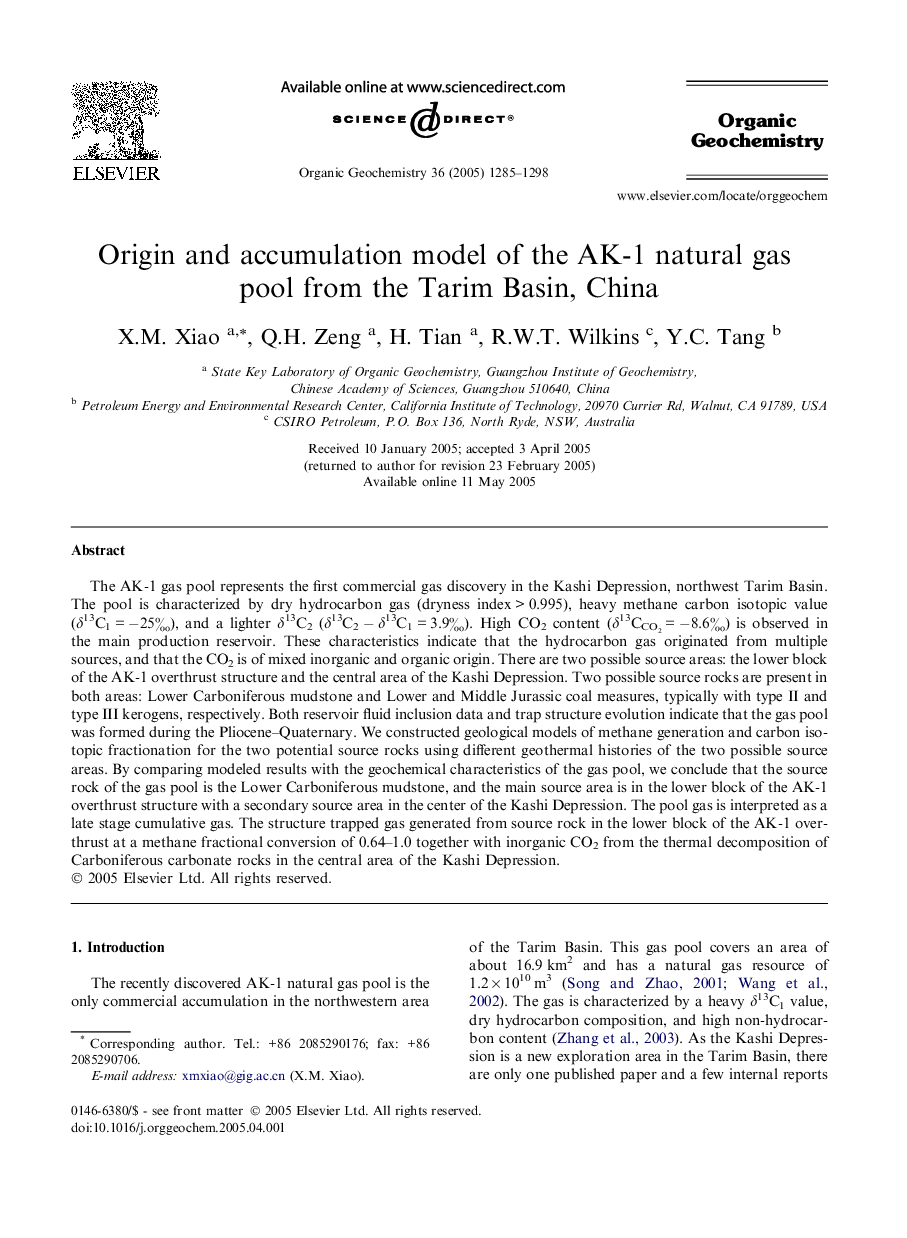 Origin and accumulation model of the AK-1 natural gas pool from the Tarim Basin, China