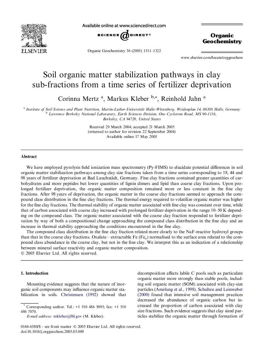 Soil organic matter stabilization pathways in clay sub-fractions from a time series of fertilizer deprivation