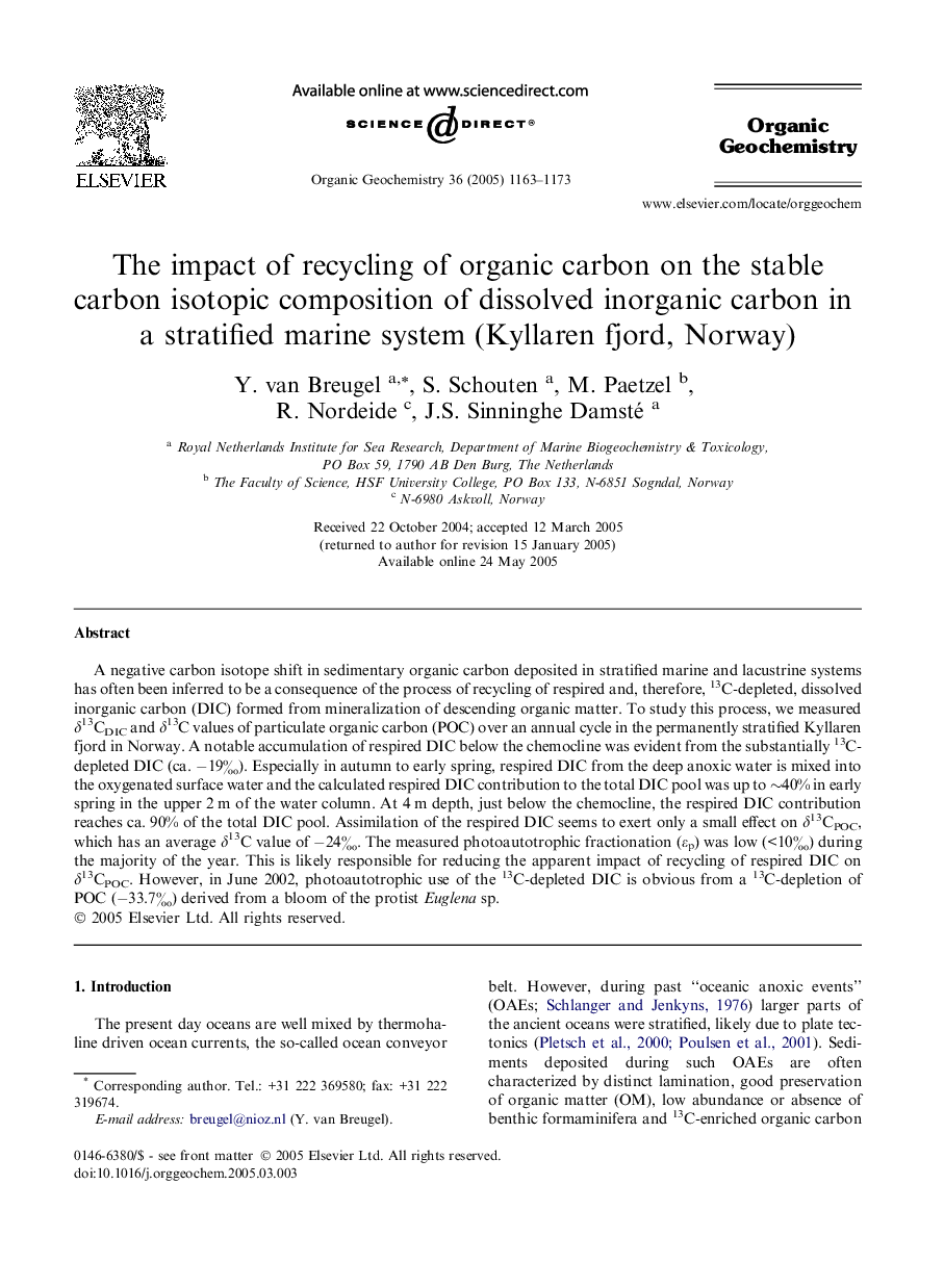 The impact of recycling of organic carbon on the stable carbon isotopic composition of dissolved inorganic carbon in a stratified marine system (Kyllaren fjord, Norway)