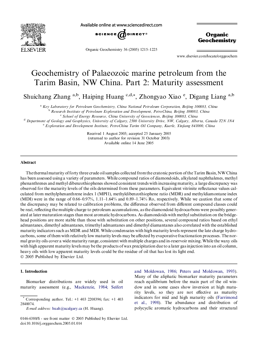 Geochemistry of Palaeozoic marine petroleum from the Tarim Basin, NW China. Part 2: Maturity assessment