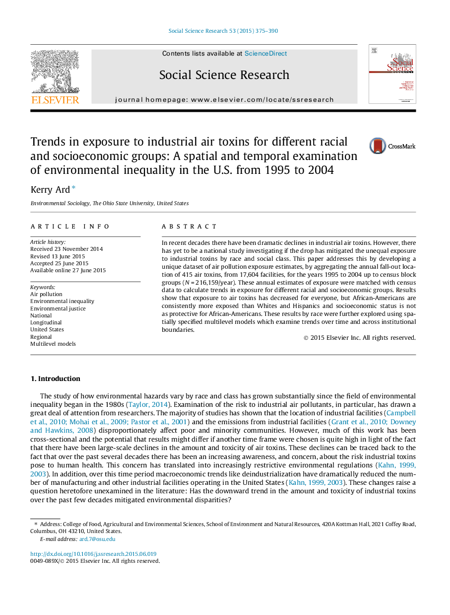 Trends in exposure to industrial air toxins for different racial and socioeconomic groups: A spatial and temporal examination of environmental inequality in the U.S. from 1995 to 2004