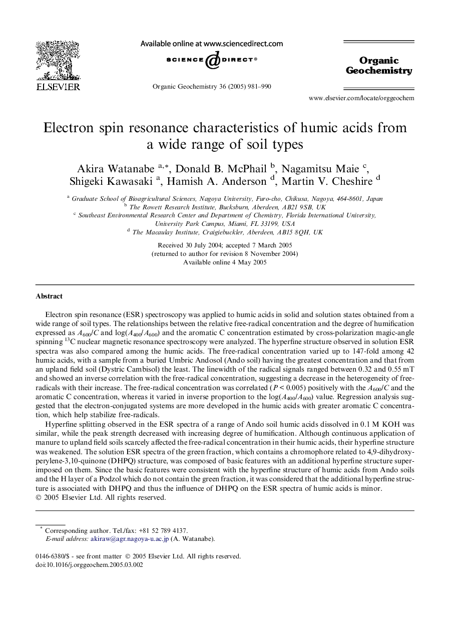 عکس صفحه اول مقاله: Electron spin resonance characteristics of humic acids from a wide range of soil types Electron spin resonance characteristics of humic acids from a wide range of soil types