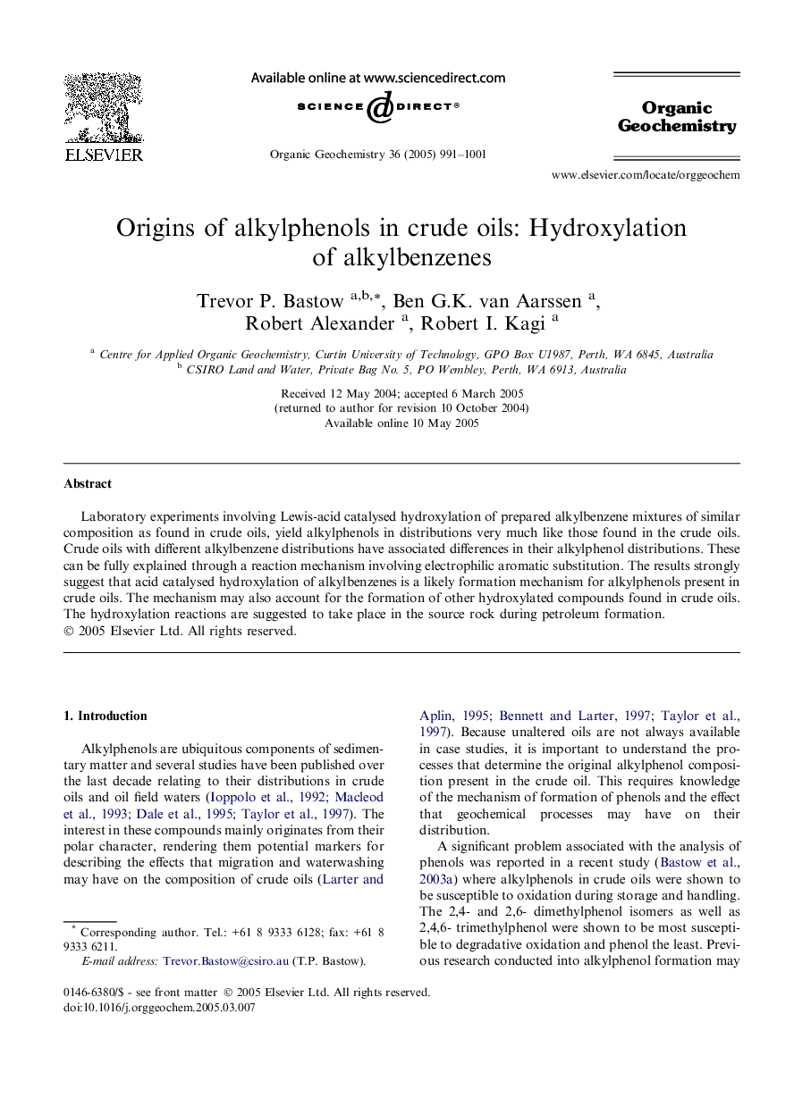 عکس صفحه اول مقاله: Origins of alkylphenols in crude oils: Hydroxylation of alkylbenzenes Origins of alkylphenols in crude oils: Hydroxylation of alkylbenzenes