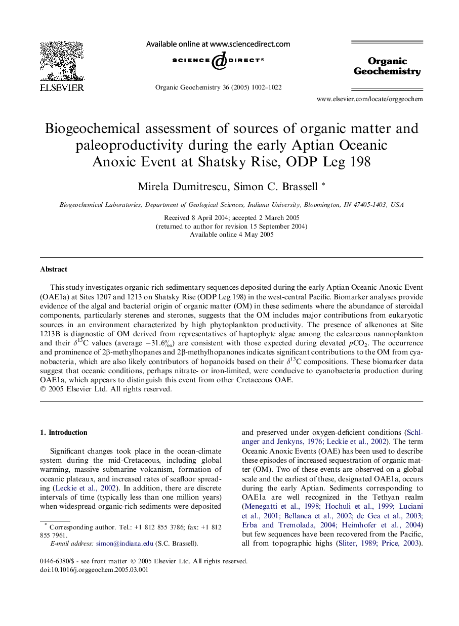 عکس صفحه اول مقاله: Biogeochemical assessment of sources of organic matter and paleoproductivity during the early Aptian Oceanic Anoxic Event at Shatsky Rise, ODP Leg 198 Biogeochemical assessment of sources of organic matter and paleoproductivity during the early Aptian Oceanic Anoxic Event at Shatsky Rise, ODP Leg 198