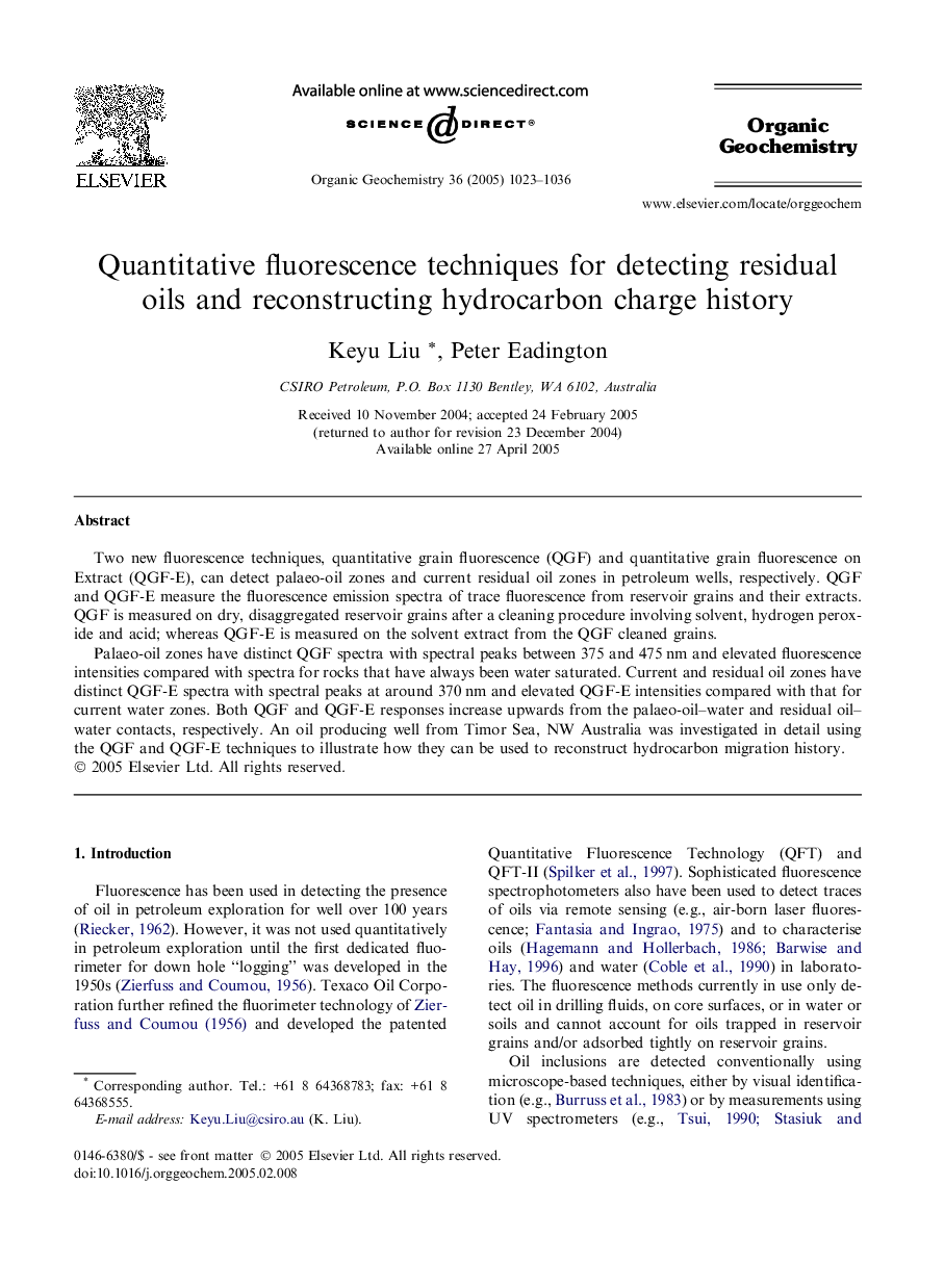 عکس صفحه اول مقاله: Quantitative fluorescence techniques for detecting residual oils and reconstructing hydrocarbon charge history Quantitative fluorescence techniques for detecting residual oils and reconstructing hydrocarbon charge history