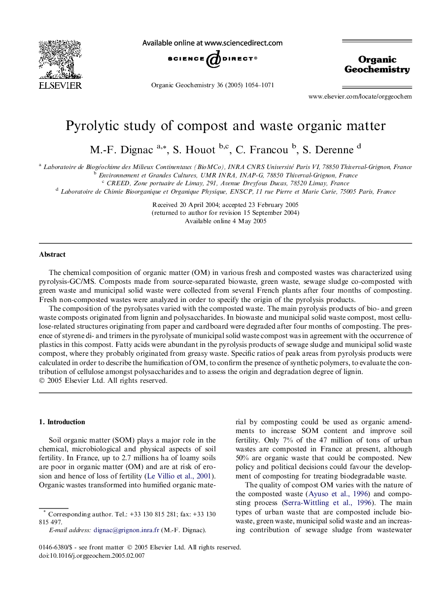عکس صفحه اول مقاله: Pyrolytic study of compost and waste organic matter Pyrolytic study of compost and waste organic matter