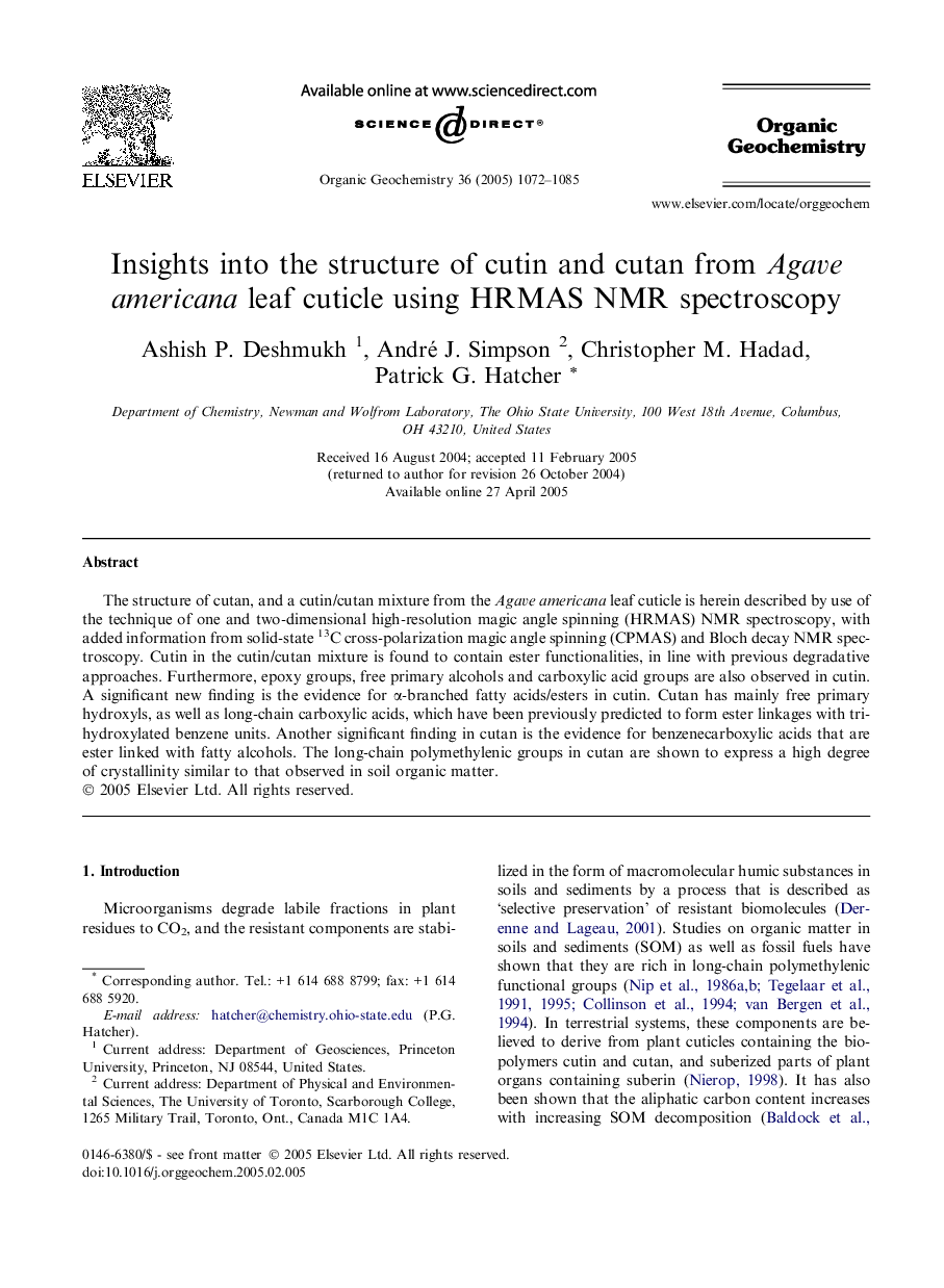 Insights into the structure of cutin and cutan from Agave americana leaf cuticle using HRMAS NMR spectroscopy