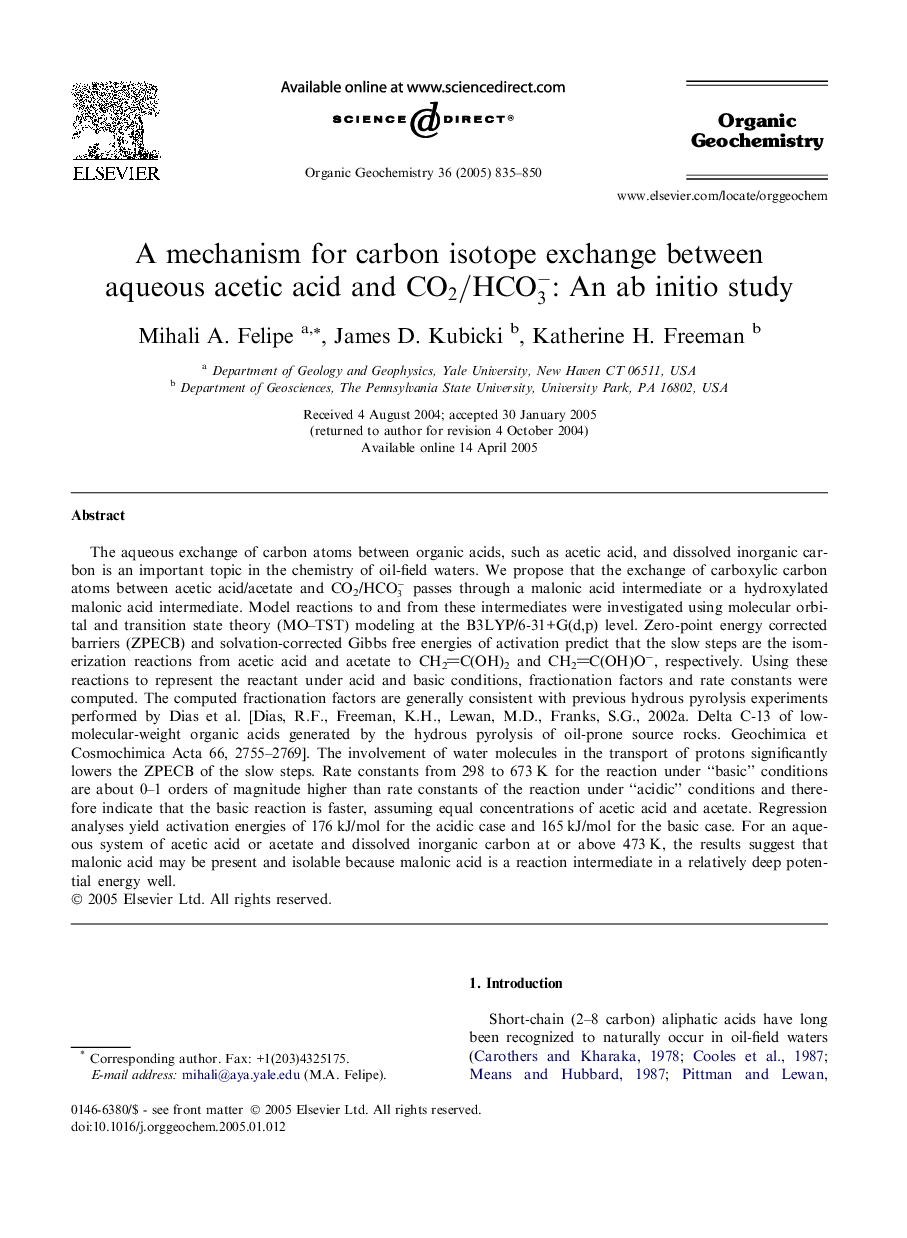 A mechanism for carbon isotope exchange between aqueous acetic acid and CO2/HCO3-: An ab initio study