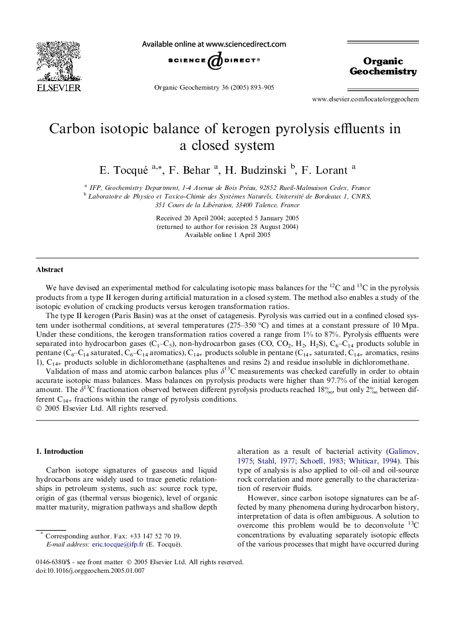 Carbon isotopic balance of kerogen pyrolysis effluents in a closed system