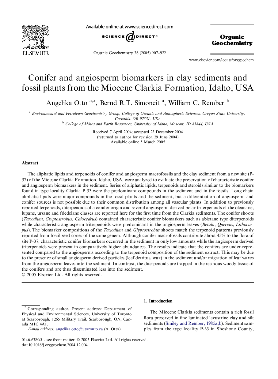 Conifer and angiosperm biomarkers in clay sediments and fossil plants from the Miocene Clarkia Formation, Idaho, USA