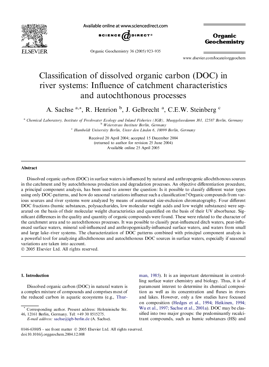 Classification of dissolved organic carbon (DOC) in river systems: Influence of catchment characteristics and autochthonous processes