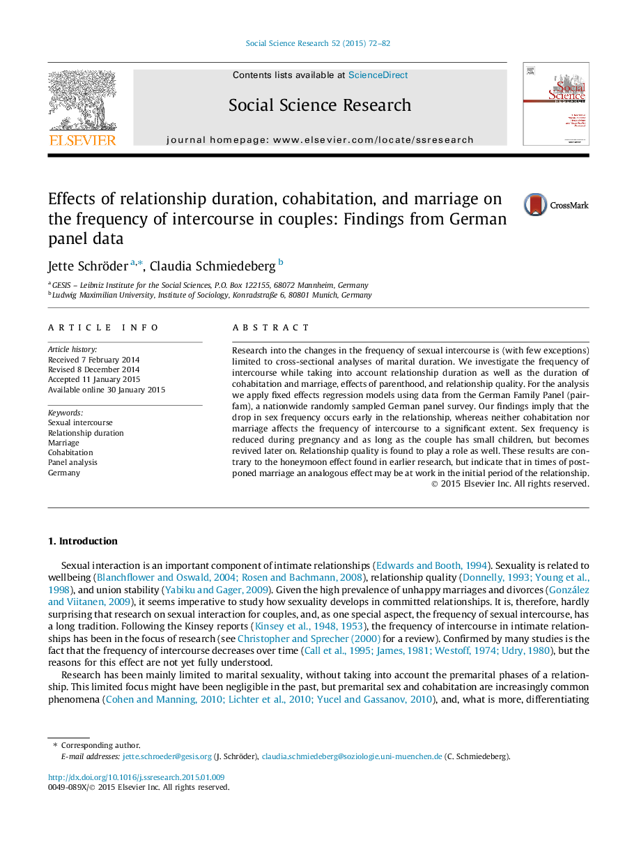 Effects of relationship duration, cohabitation, and marriage on the frequency of intercourse in couples: Findings from German panel data