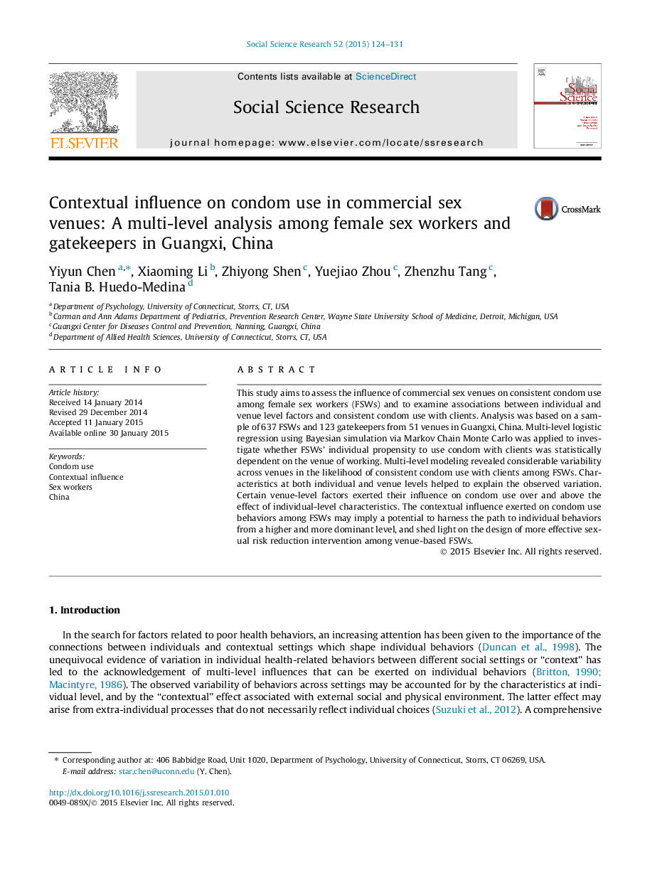 Contextual influence on condom use in commercial sex venues: A multi-level analysis among female sex workers and gatekeepers in Guangxi, China