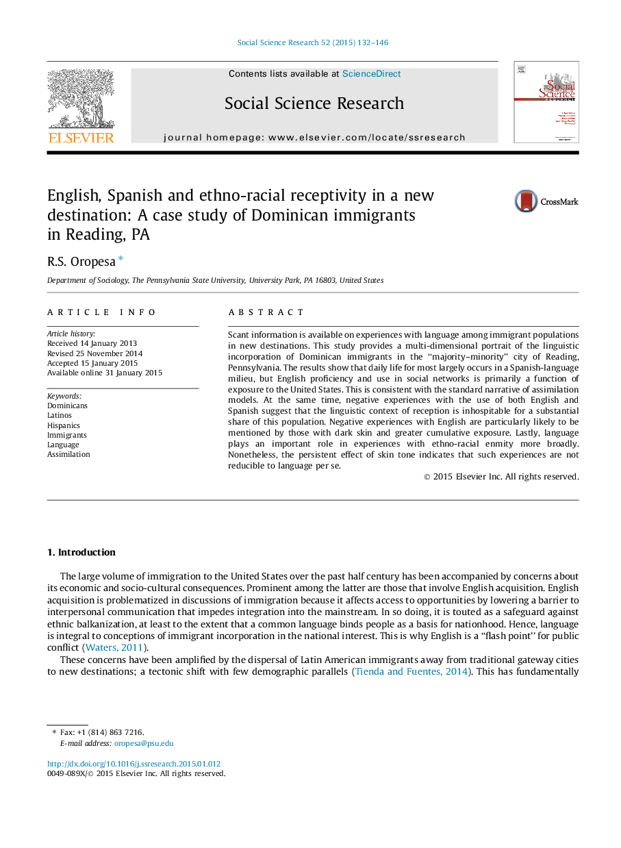 English, Spanish and ethno-racial receptivity in a new destination: A case study of Dominican immigrants in Reading, PA