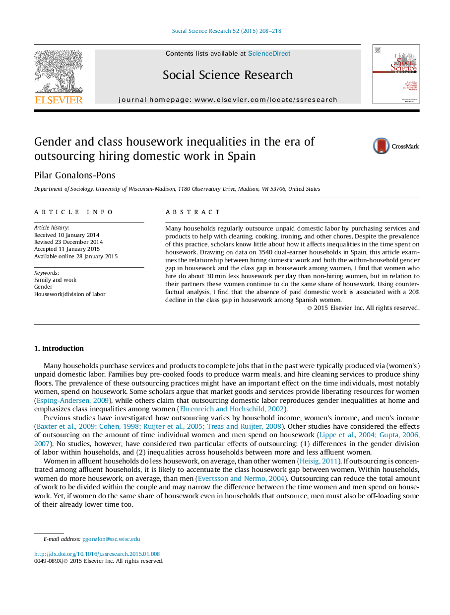 Gender and class housework inequalities in the era of outsourcing hiring domestic work in Spain