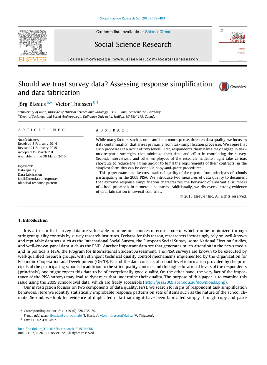Should we trust survey data? Assessing response simplification and data fabrication