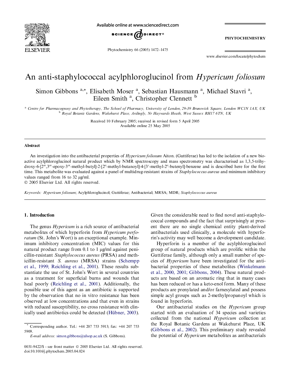 An anti-staphylococcal acylphloroglucinol from Hypericum foliosum