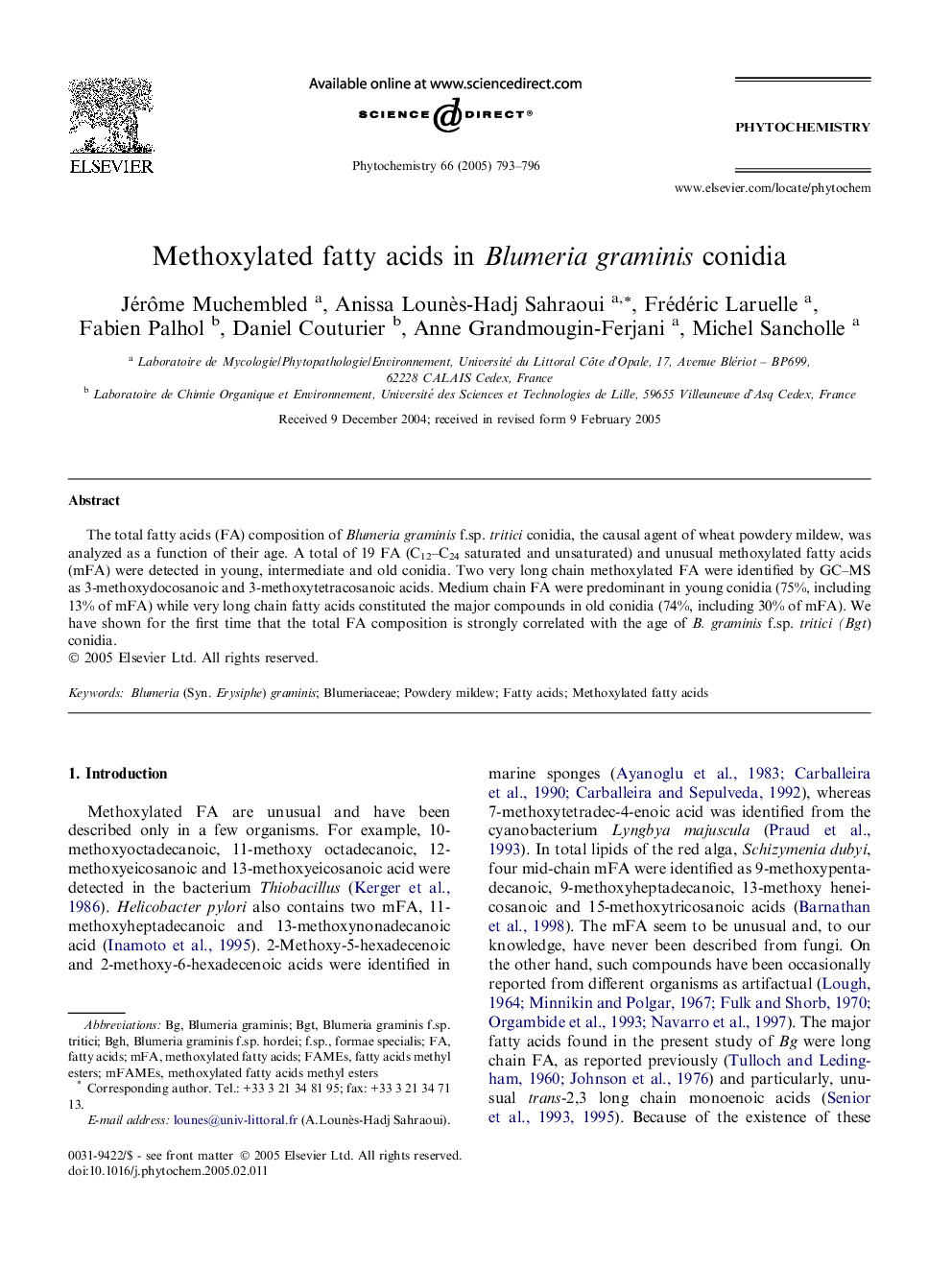 Methoxylated fatty acids in Blumeria graminis conidia