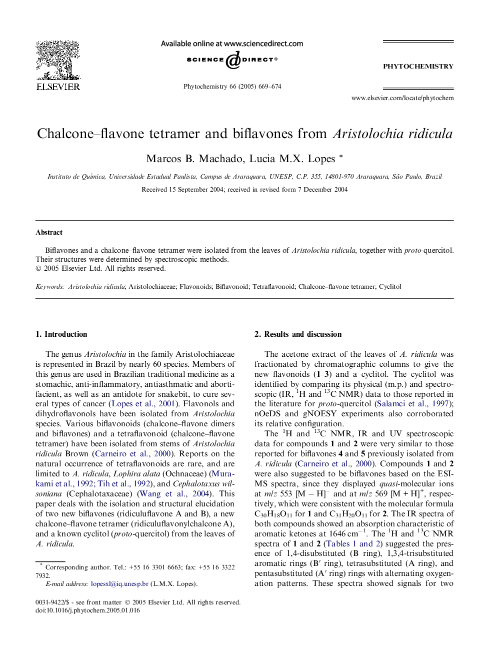 Chalcone-flavone tetramer and biflavones from Aristolochia ridicula
