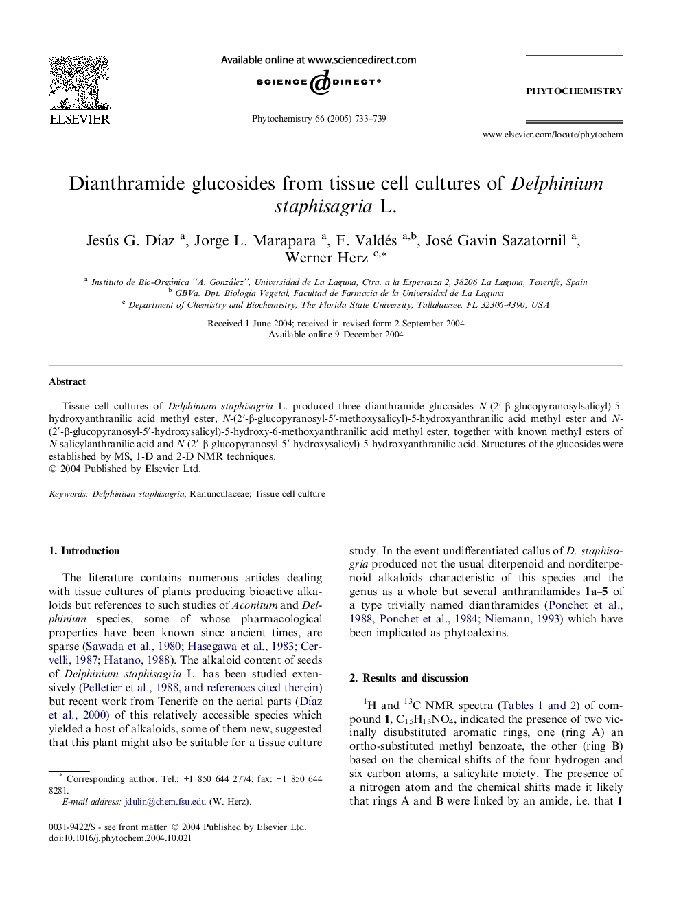 Dianthramide glucosides from tissue cell cultures of Delphinium staphisagria L.