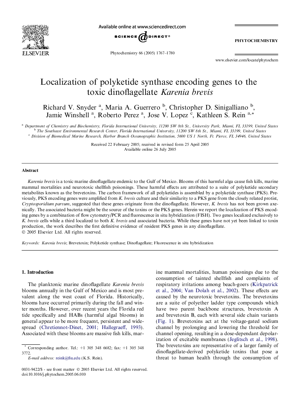 Localization of polyketide synthase encoding genes to the toxic dinoflagellate Karenia brevis