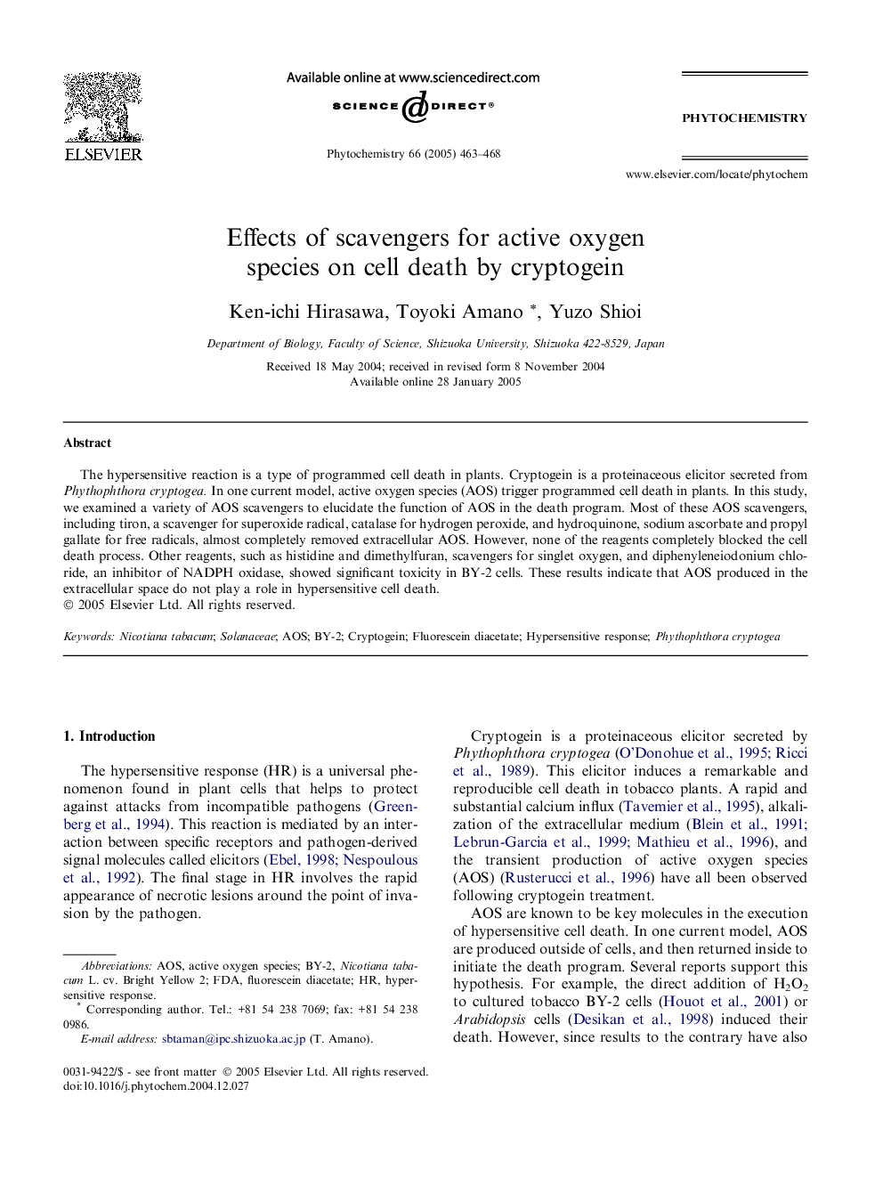 Effects of scavengers for active oxygen species on cell death by cryptogein