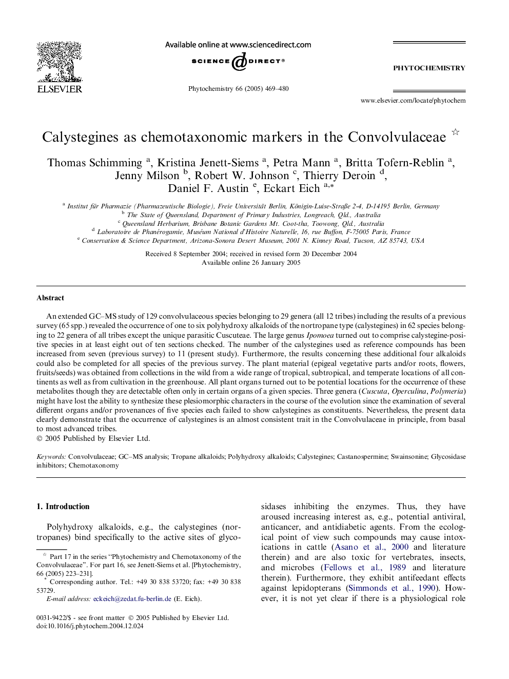 Calystegines as chemotaxonomic markers in the Convolvulaceae