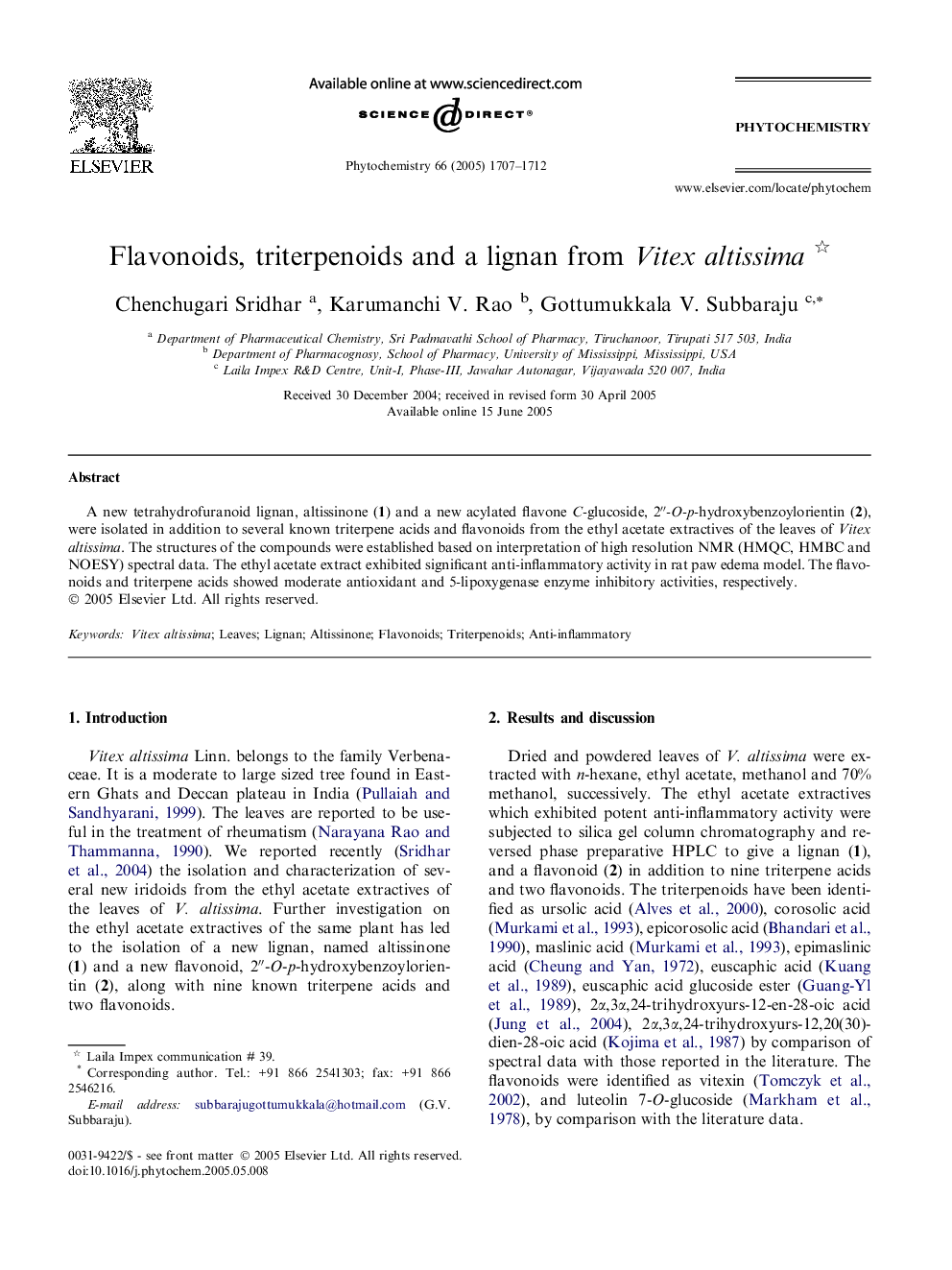 Flavonoids, triterpenoids and a lignan from Vitex altissima