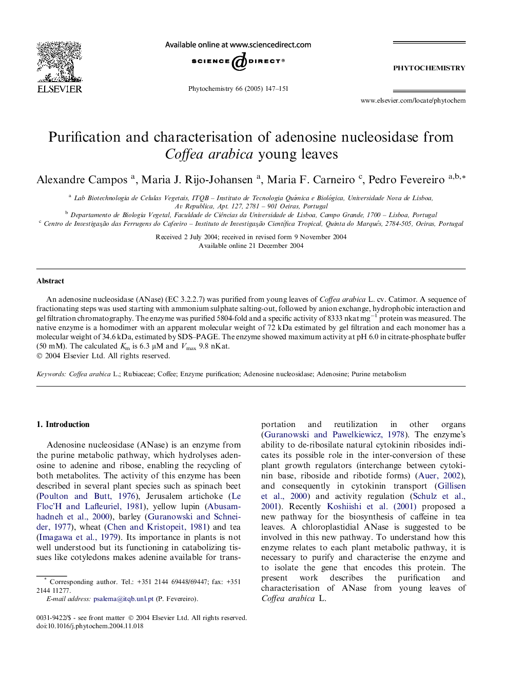 Purification and characterisation of adenosine nucleosidase from Coffea arabica young leaves