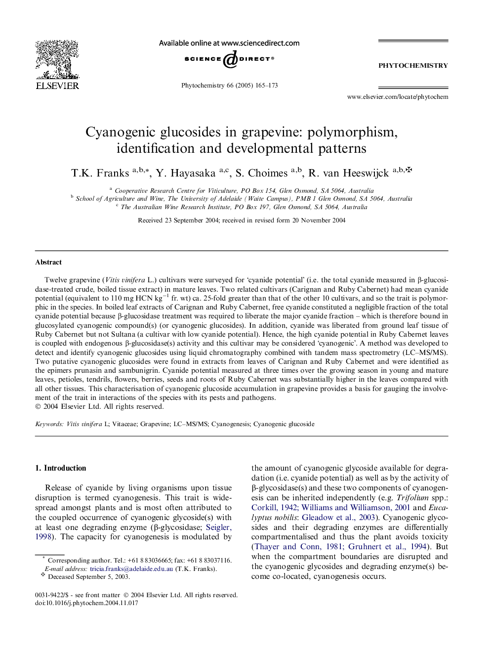 Cyanogenic glucosides in grapevine: polymorphism, identification and developmental patterns