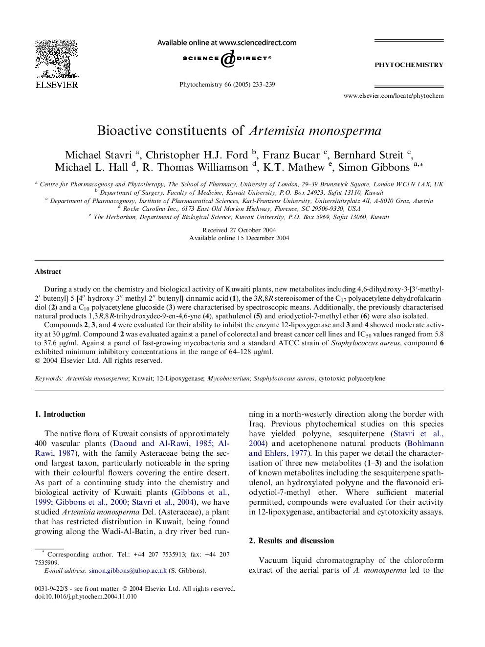 Bioactive constituents of Artemisia monosperma